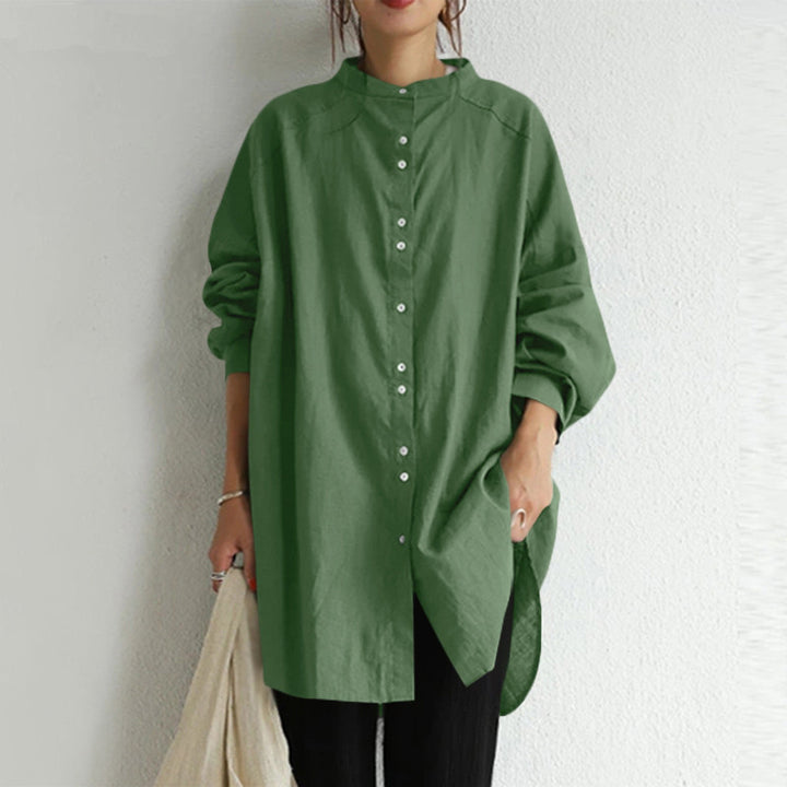 Damen nan lässige Oversize-Tunika-Hemdbluse mit Stehkragen, durchgehender Knopfleiste und seitlichen Schlitzen Echo Archiv