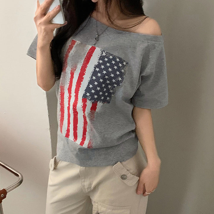 Damen lässiges T-Shirt mit amerikanischem Flaggen-Design und weichem Baumwollmaterial Echo Archiv
