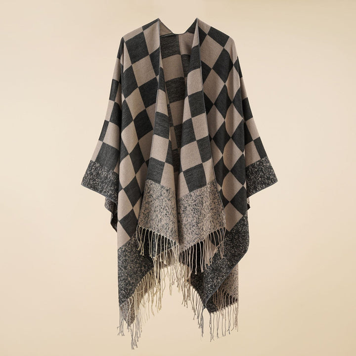 Damen Oversized gewebter Poncho mit Rautenmuster und Fransen – Avérine
