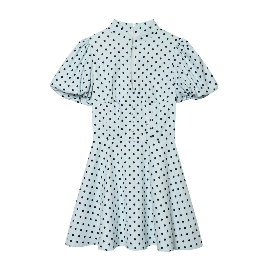 Damen Gepunktetes A‑Linien‑Kleid mit Stehkragen, Taillierung und Ballonärmeln Echo Archiv