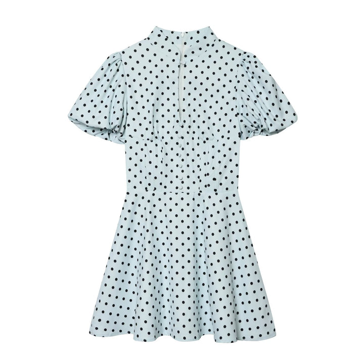 Damen Gepunktetes A‑Linien‑Kleid mit Stehkragen, Taillierung und Ballonärmeln Echo Archiv
