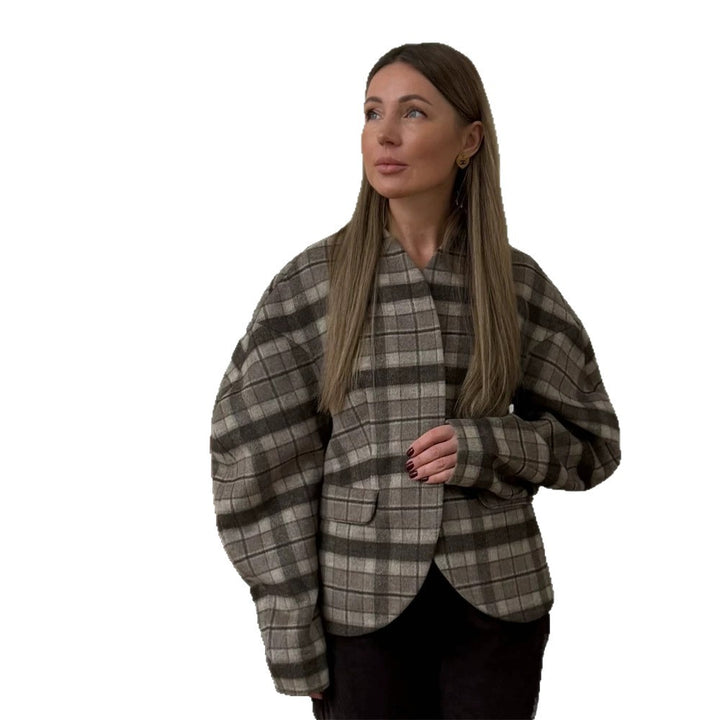 Damen Karierter Boxy‑Blazer mit voluminösen Ballonärmeln Echoarchiv