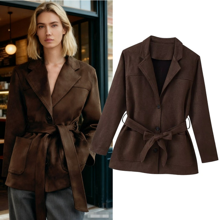 Damen Taillierter Wildlederoptik-Blazer mit Bindegürtel und aufgesetzten Taschen Echo Archiv