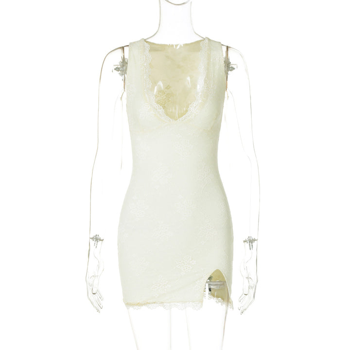 Damen Spitzenkleid mit tiefem V-Ausschnitt und seitlichem Schlitz Echo Archiv