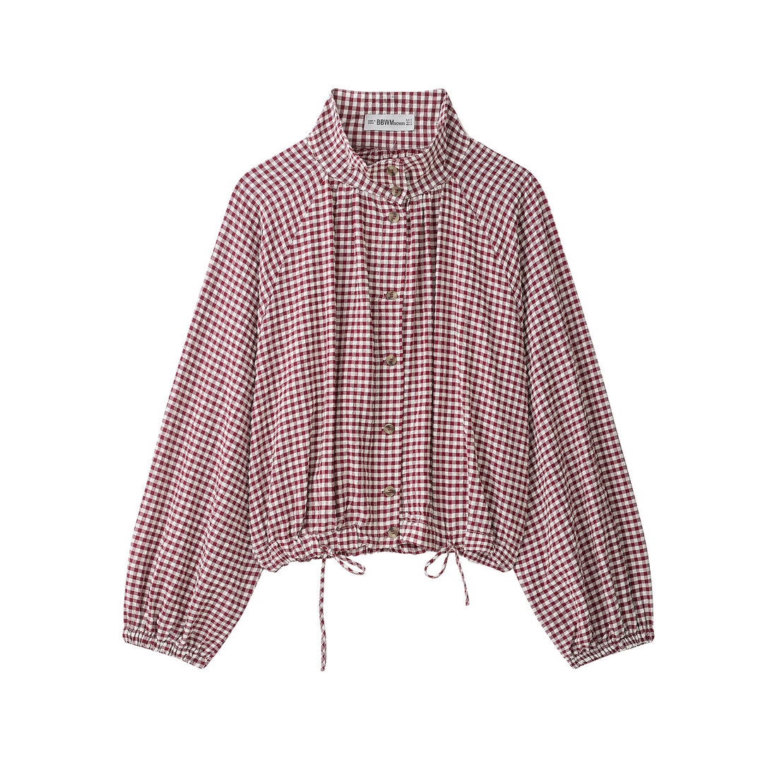 Damen Karo-Bluse mit Stehkragen, Knopfleiste und Tunnelzug-Saum Echoarchiv