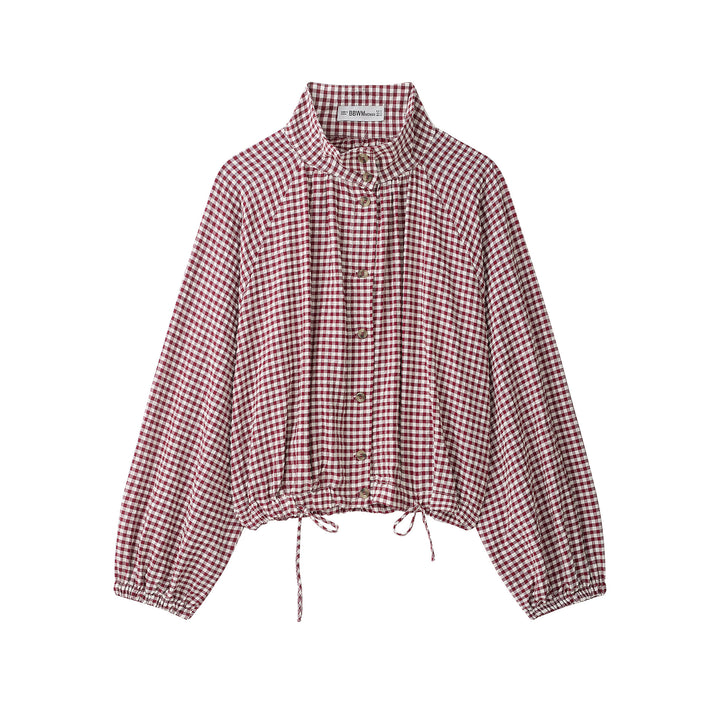 Damen Karo-Bluse mit Stehkragen, Knopfleiste und Tunnelzug-Saum Echoarchiv