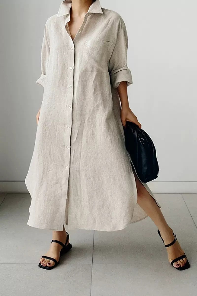Damen Oversize-Leinen-Hemdmaxikleid mit Stehkragen, Krempelärmeln und hohen Seitenschlitzen – Valéora