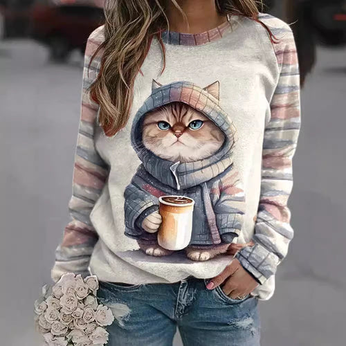 Damen nan lässiges Sweatshirt mit großem Kätzchen-Frontprint und gestreiften Raglanärmeln Echo Archiv