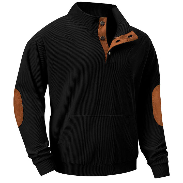 Herren Strukturiertes Ripp-Henley-Sweatshirt mit Stehkragen, Kängurutasche & Velours-Ellbogenpatches – Cavarno