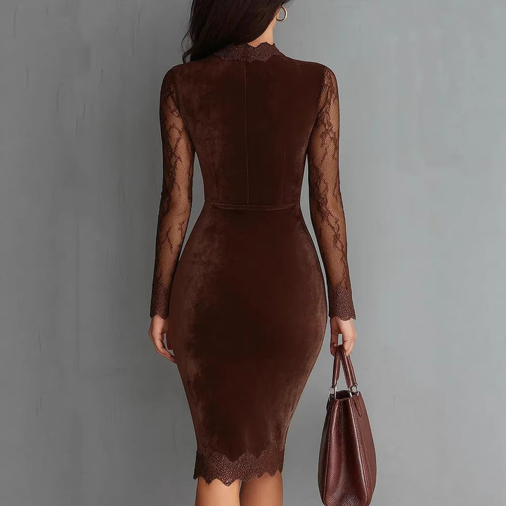Damen Elegantes Samtkleid mit Spitzeneinsätzen und tailliertem Schnitt Echo Archiv