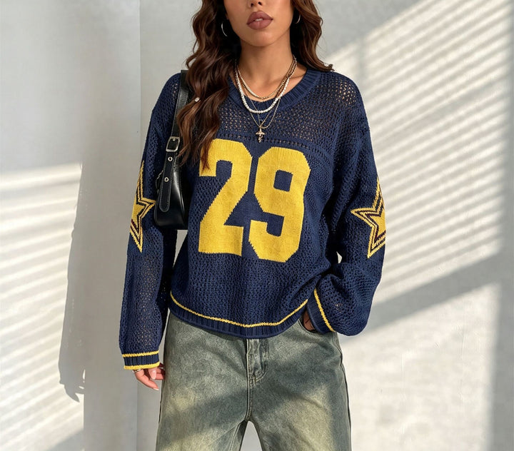 Damen Oversize Netz-Strick Cropped Pullover mit V-Ausschnitt Echoarchiv