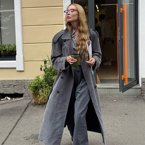 Damen Maxilanger Oversize-Trenchcoat aus softem Velours mit Schulterpatten und doppelreihiger Knopfleiste Echoarchiv