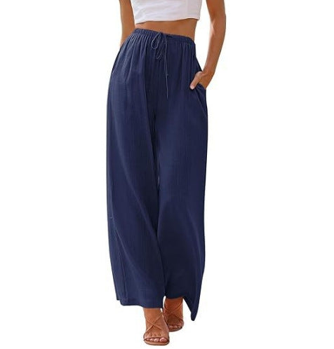 Damen nan weite Leinenhose mit elastischem Bund Kordel und Seitentaschen Echo Archiv