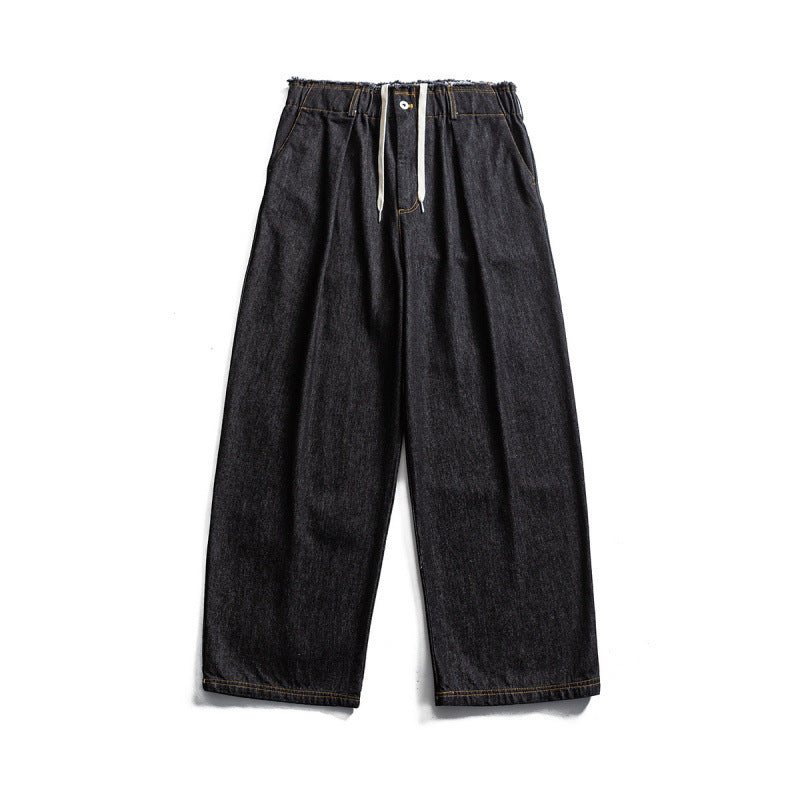 Unisex Weite Denim‑Hose mit elastischem Bund, Kordelzug und Plissee‑Falten Echo Archiv