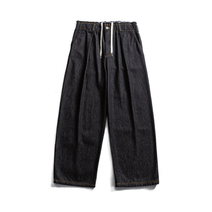 Unisex Weite Denim‑Hose mit elastischem Bund, Kordelzug und Plissee‑Falten Echo Archiv