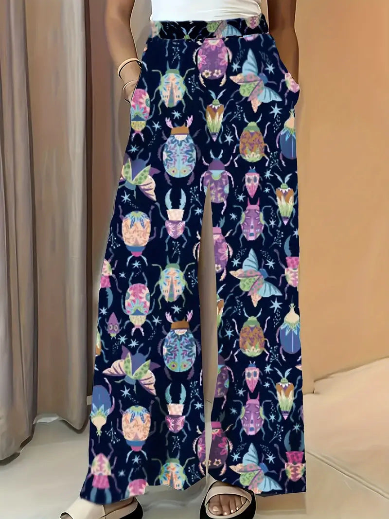 Damen Weite Palazzo-Hose mit elastischem Bund und auffälligem Käferprint Echo Archiv