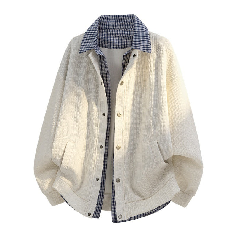 Männer Freizeit gestrickte Overshirt Jacke mit kariertem Hemdkragen und Druckknopfblende – Taviero