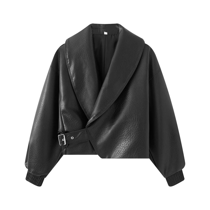 Damen Boxy Cropped Blousonjacke aus Kunstleder mit überlappendem Schalkragen und Taillenriemen Echo Archiv