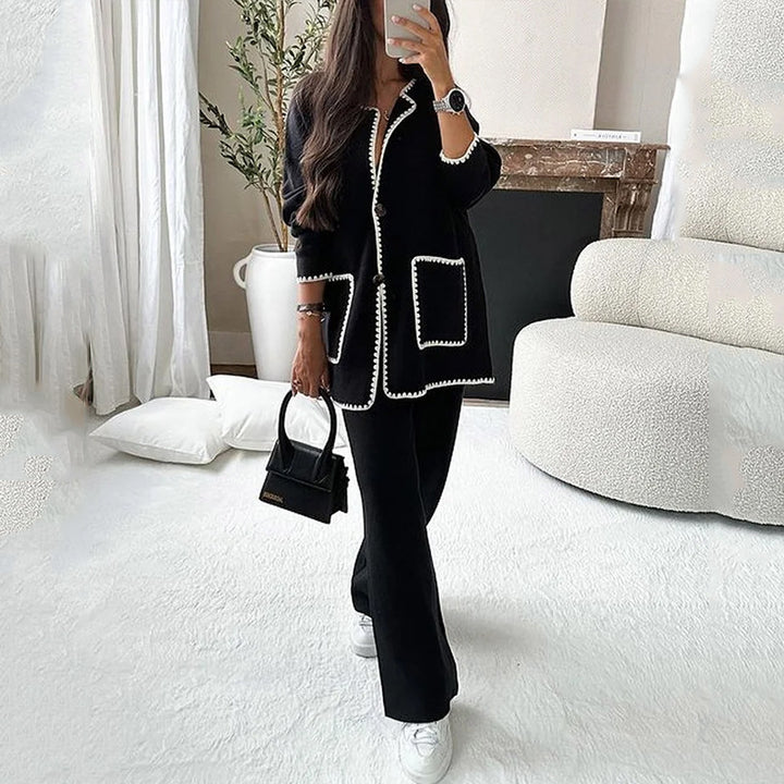 Damen Longline-Strickset mit kontrastbesetzter Strickjacke und weitem Palazzo-Hosen Echoarchiv