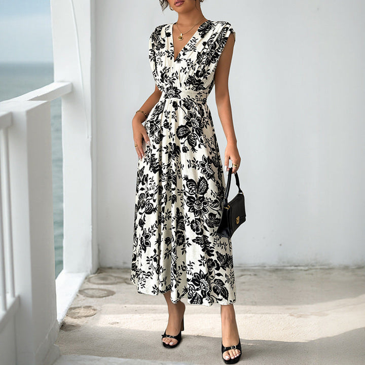 Damen Fließendes Midikleid mit V-Ausschnitt, geraffter Taille und Jacquard‑Struktur Echoarchiv
