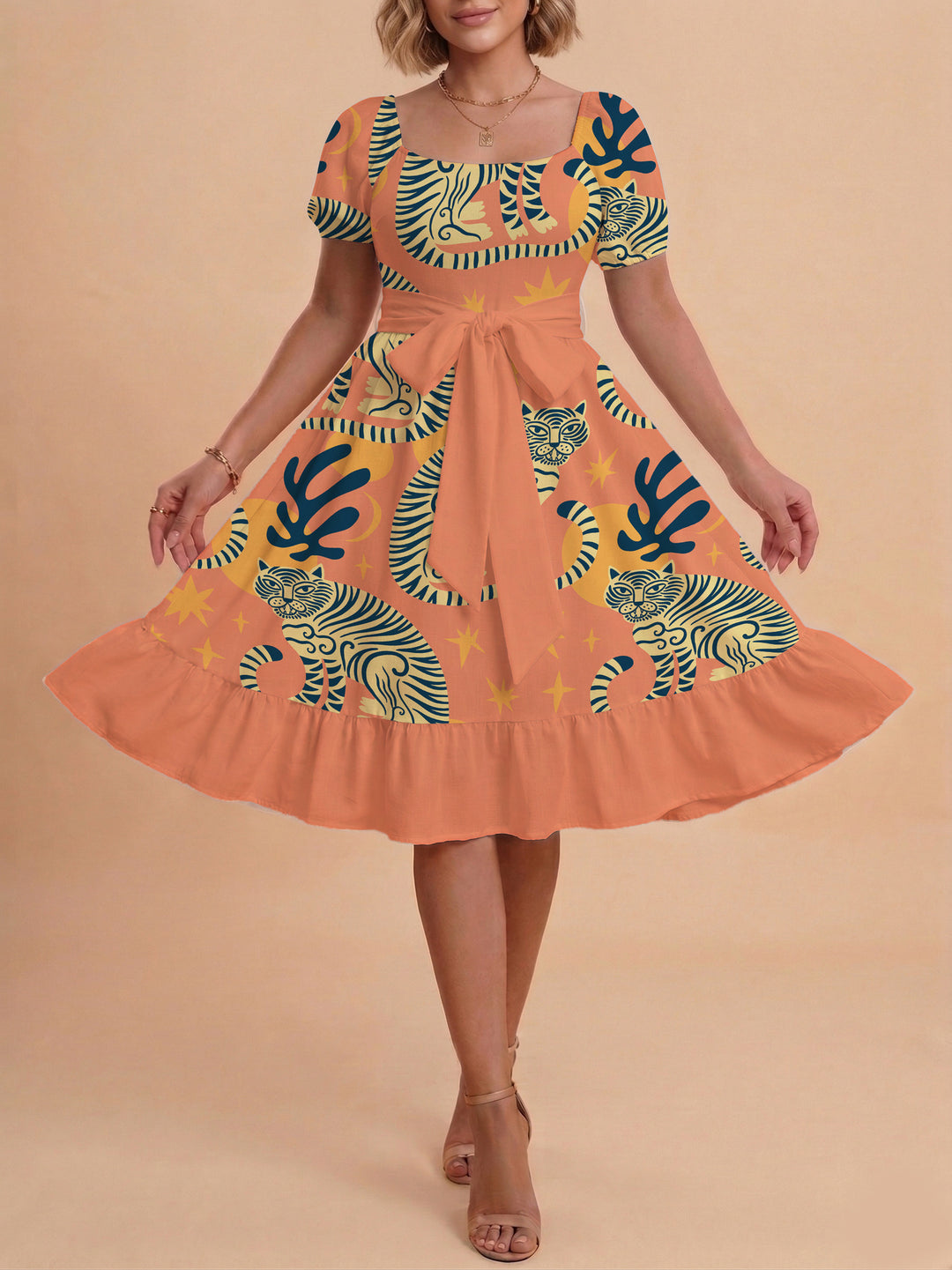 Damen A-Linien-Kleid mit floralen Motiven und taillierbarem Gürtel Echo Archiv