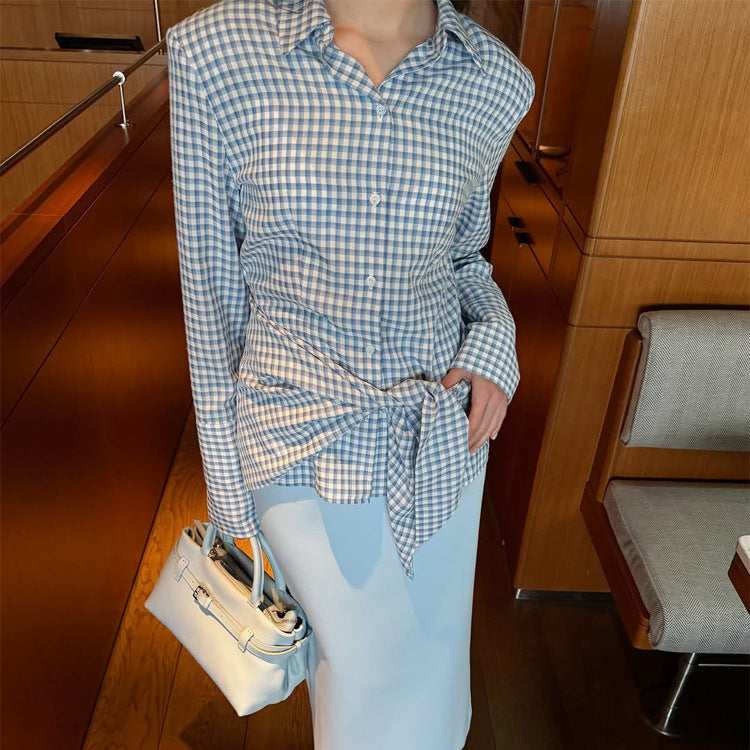 Damen Gingham-Wickelbluse mit seitlicher Taillenbinde und Hemdkragen Echoarchiv