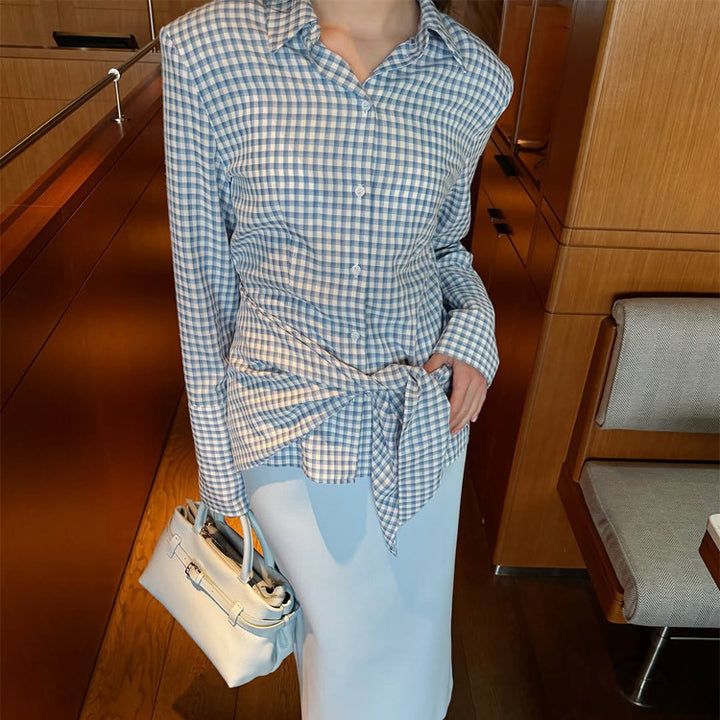 Damen Gingham-Wickelbluse mit seitlicher Taillenbinde und Hemdkragen Echoarchiv