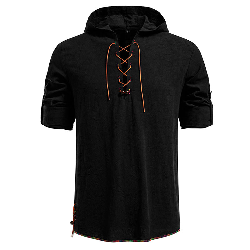Herren Leichtes Kapuzen-Shirt mit dekorativer Schnürung, Kurzarm und Longline-Schnitt Echo Archiv