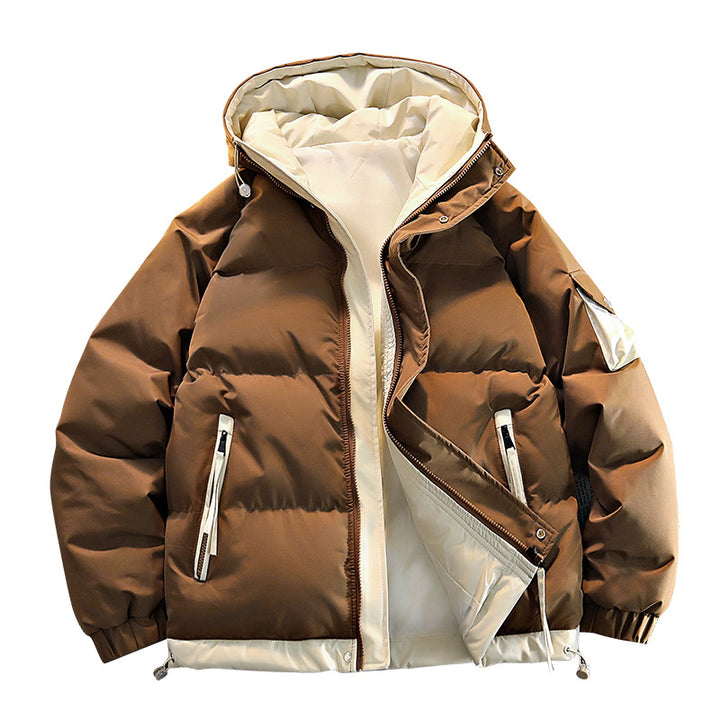 Men's oversized insulated hooded puffer jacket with contrast lining and drawcord hem – Cavarno