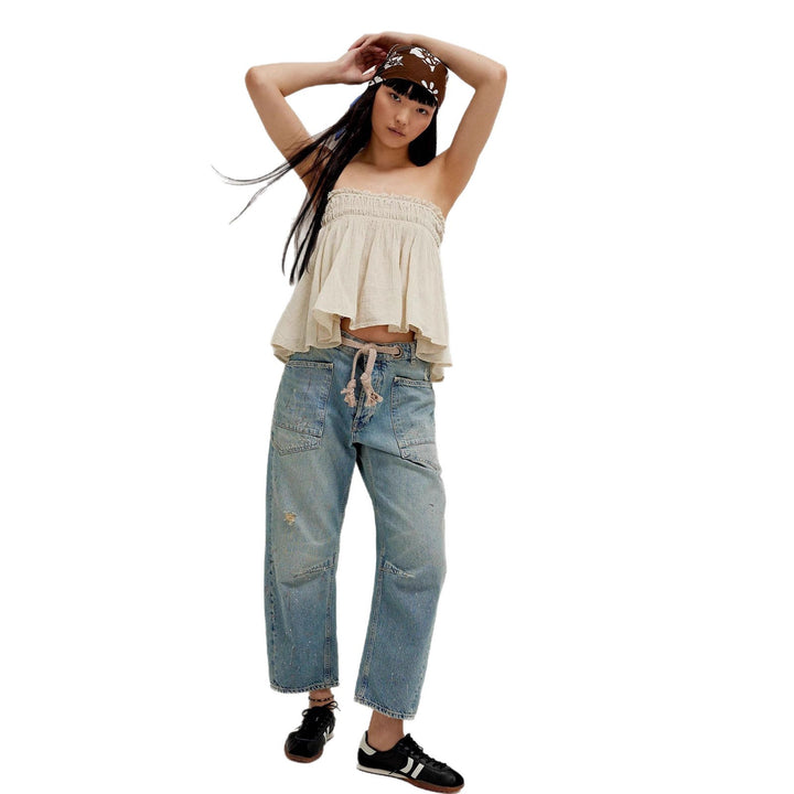 Damen nan hochgeschnittene Jeans im weiten Schnitt mit aufgesetzten Taschen und Kordelzug Echo Archiv