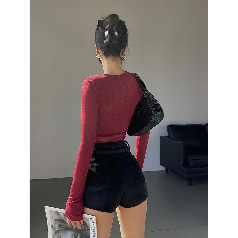 Elegantes Patchwork-Oberteil mit Netzstoff und langen Ärmeln für Damen – Echo Archiv