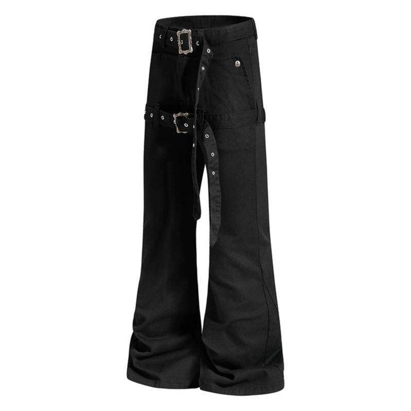Damen High‑Waist Schlag-Cargohose mit weitem Bein, Doppelgürtel und Metallösen Echoarchiv