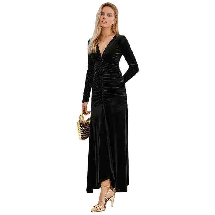 Damen samt-maxikleid mit tiefem V-Ausschnitt geraffter Taillenpartie und Mermaid-Schnitt – Valéora