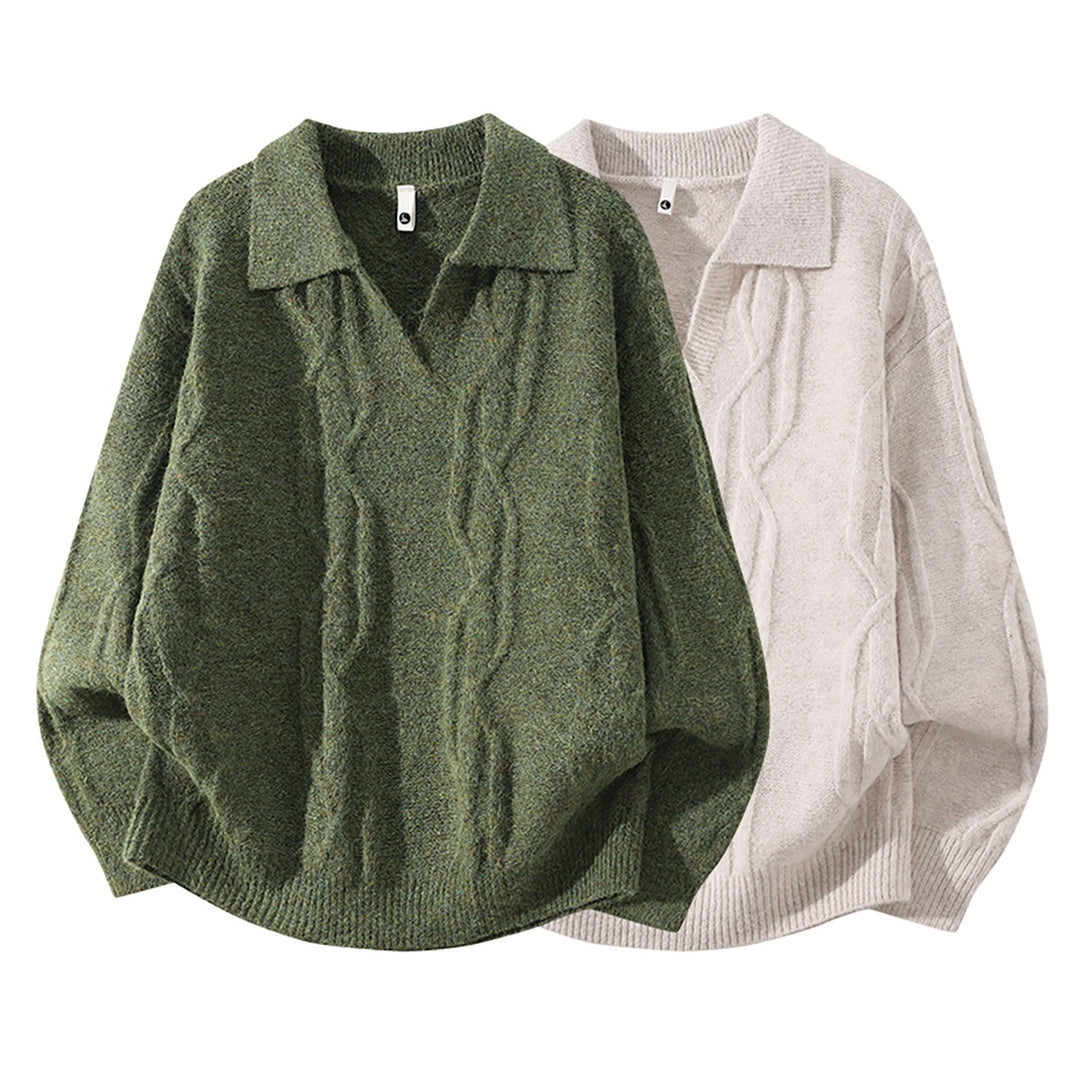 Damen Oversize Mohair‑Optik Zopfstrickpullover mit Polokragen und V‑Ausschnitt Echoarchiv