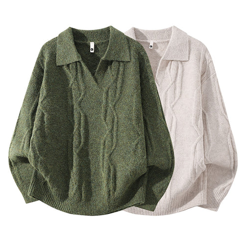 Damen Oversize Mohair‑Optik Zopfstrickpullover mit Polokragen und V‑Ausschnitt Echoarchiv