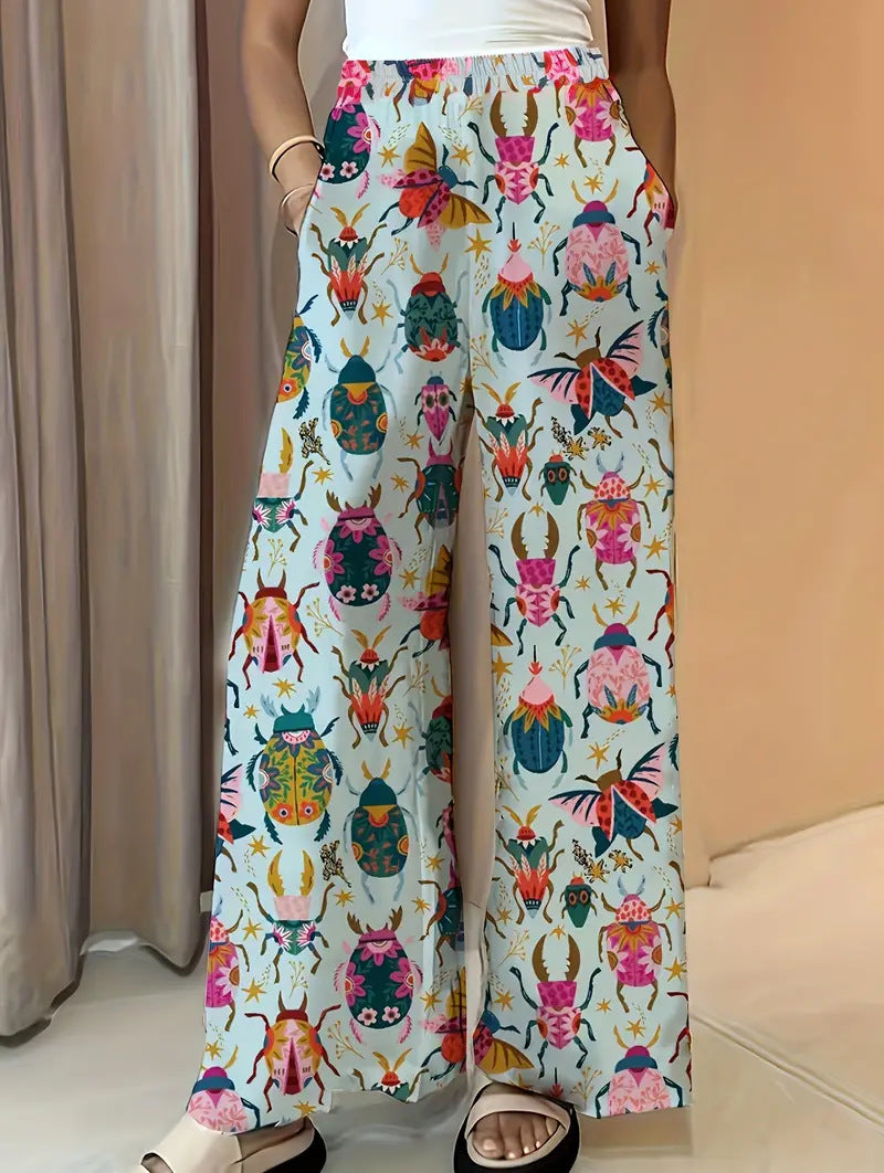 Damen Weite Palazzo-Hose mit elastischem Bund und auffälligem Käferprint Echo Archiv