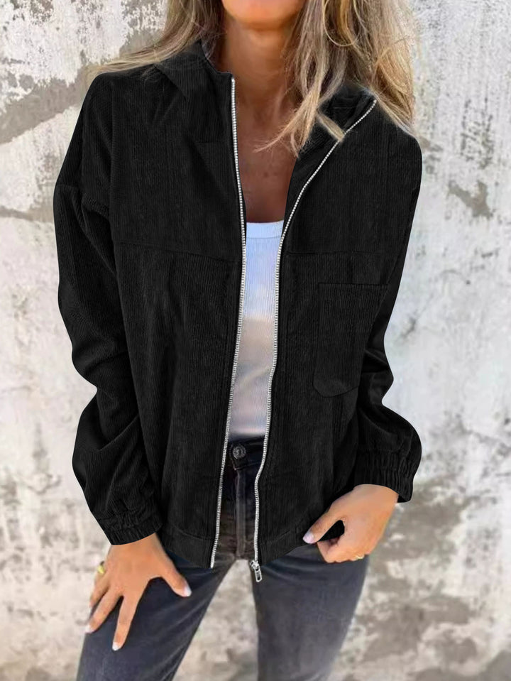 Damen Casual Cord-Hoodiejacke mit feiner Kordsamtstruktur, durchgehendem Reißverschluss und elastischem Saum – Célinea