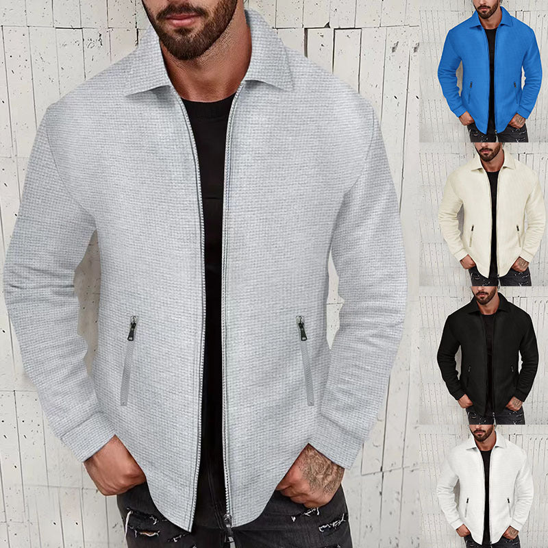 Herren minimalistische Stehkragen-Feinstrick-Übergangsjacke mit Zwei-Wege-Reißverschluss und verdeckten Reißverschlusstaschen – Taviero