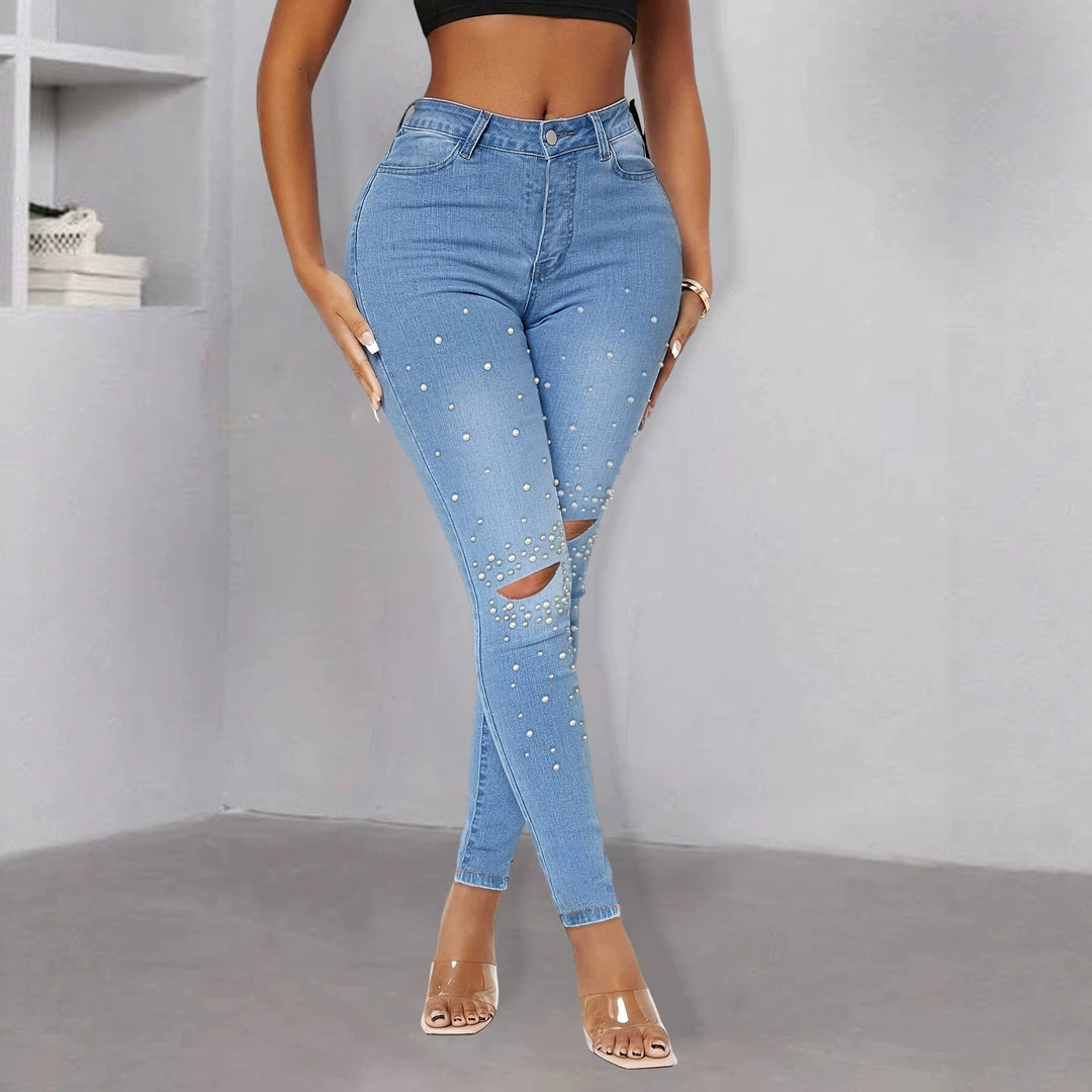 Damen Enganliegende High-Waist Skinny-Jeans mit Perlenbesatz und Knie-Cutouts Echo Archiv