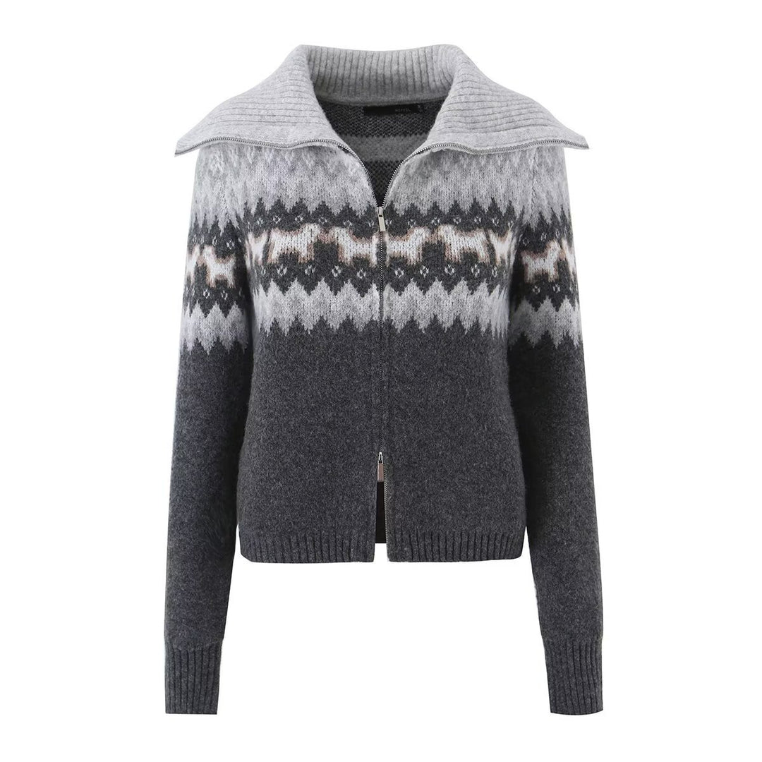 Damen Gestrickte Zip-Cardigan mit Norwegermuster und extra breitem Umlegekragen Echo Archiv