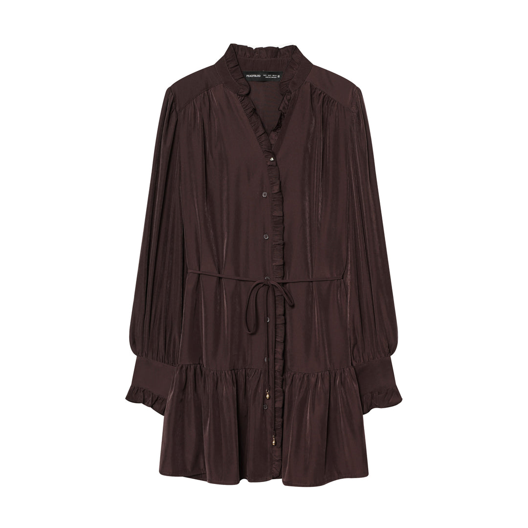 Damen gepunktetes Midikleid mit Rüschenblende, Taillenzug und stufigem Volantrock – Élara