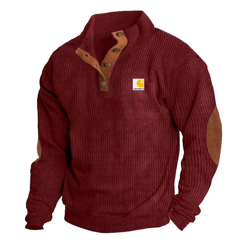 Herren nan Strickpullover im Troyer-Stil mit Stehkragen Lederbesatz Druckknopfleiste und Ellbogen-Patches Echo Archiv