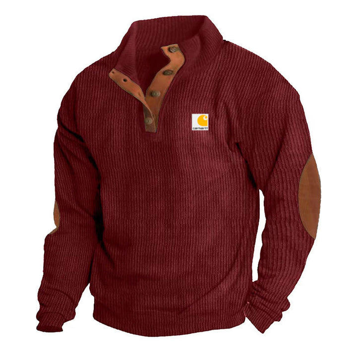 Herren nan Strickpullover im Troyer-Stil mit Stehkragen Lederbesatz Druckknopfleiste und Ellbogen-Patches Echo Archiv