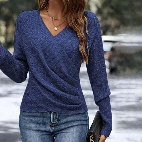 Damen nan figurbetonter Wickel-Strickpullover mit V-Ausschnitt und feiner Rippenstruktur Echo Archiv
