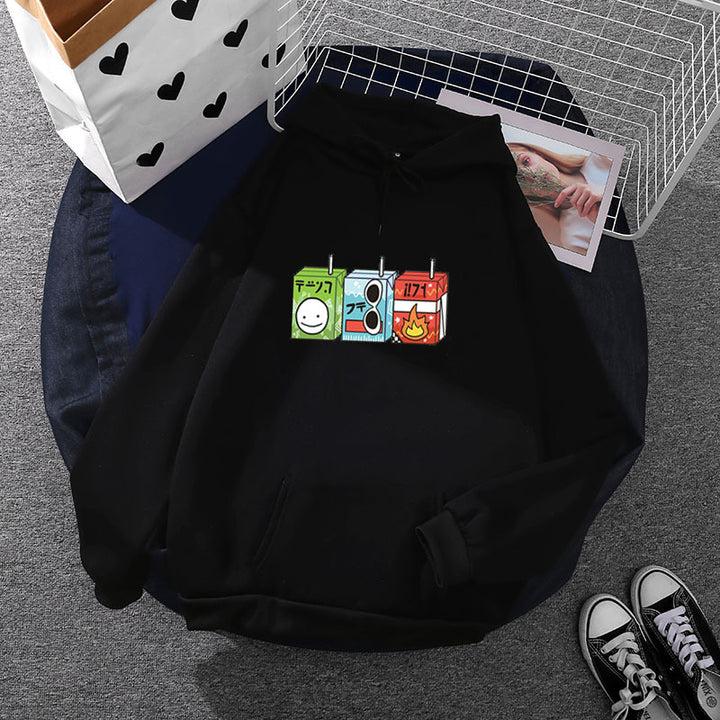 Damen oversized Kapuzenpullover mit Cartoon-Getränkekarton-Print, Kängurutasche und weichem Innenfutter – Auréline