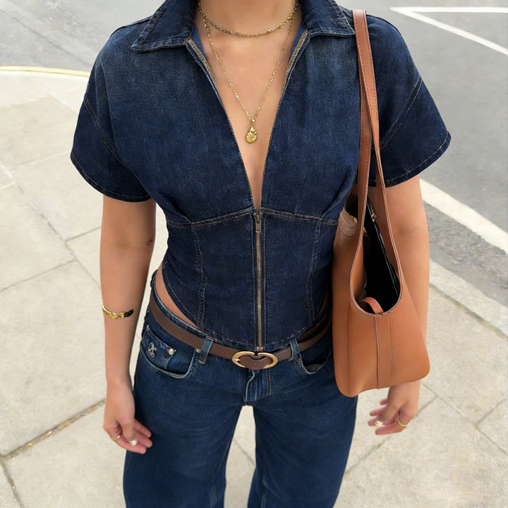 Damen Kurzarm Denim-Jacke mit teilbarem Reißverschluss und modischem Schnitt Echo Archiv