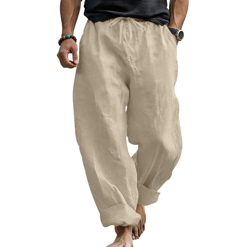 Herren Locker geschnittene Leinen-Loungehose mit Kordelzug, Umschlagsaum und Taschen – Sorevano
