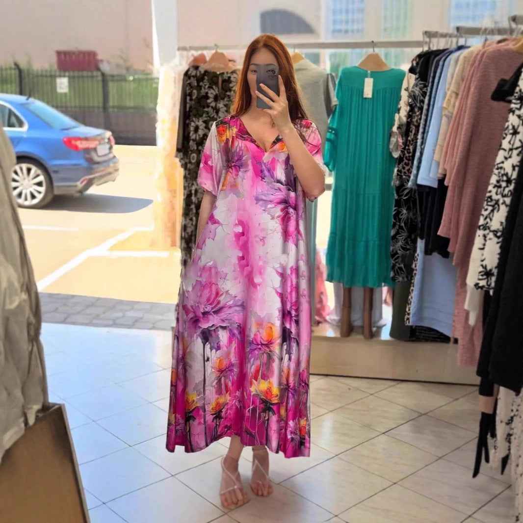 Damen nan fließendes Maxi-Kaftankleid mit V-Ausschnitt und großflächigem Aquarell-Blumenprint Echo Archiv