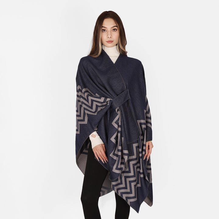 Damen Oversize Rechteck-Cape mit Jacquard-Zickzackmuster und Bindegürtel – Avérine