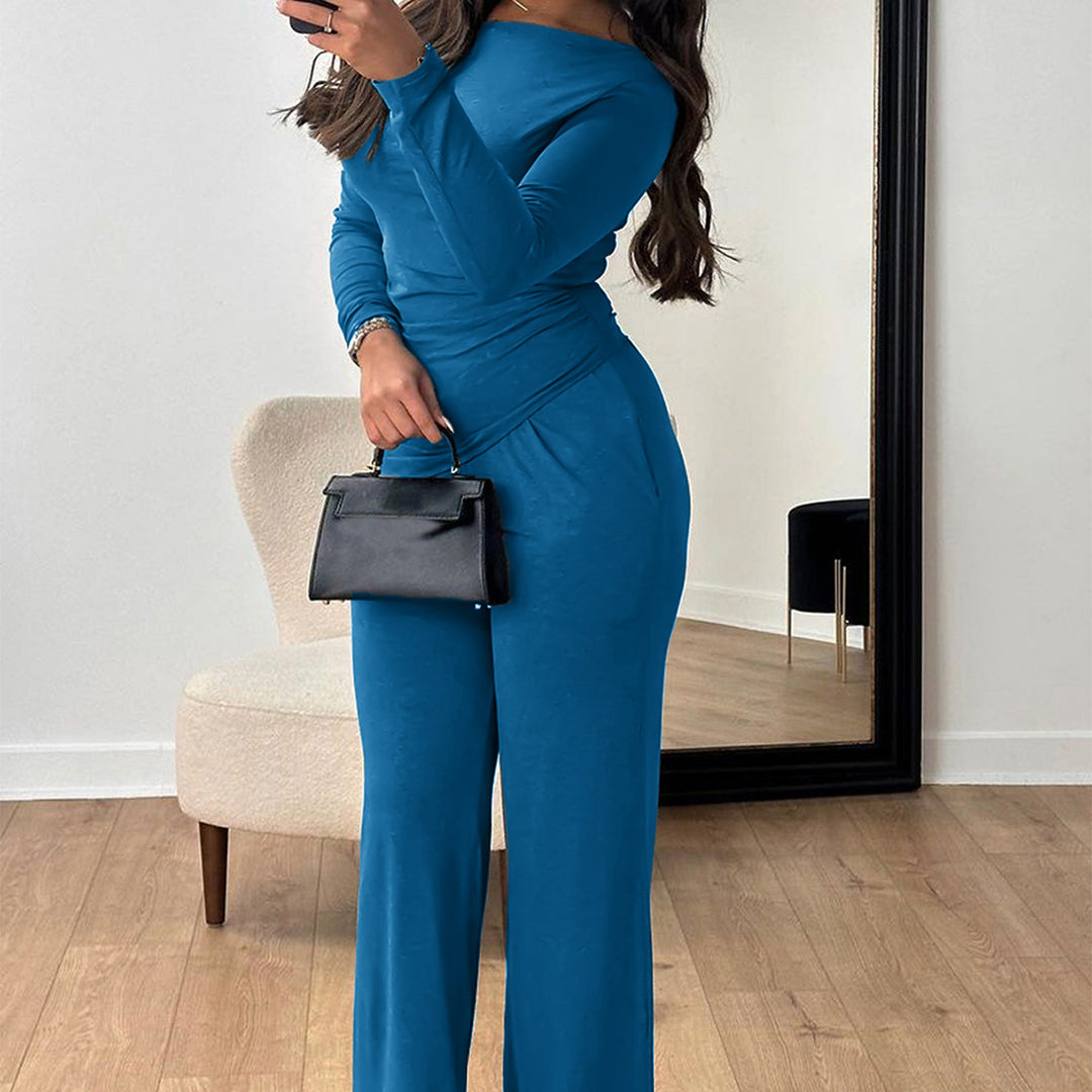 Damen nan zweiteiliges Jersey-Set mit asymmetrischer Wickeloptik, Langarmtop und weiter High‑Waist‑Hose Echo Archiv